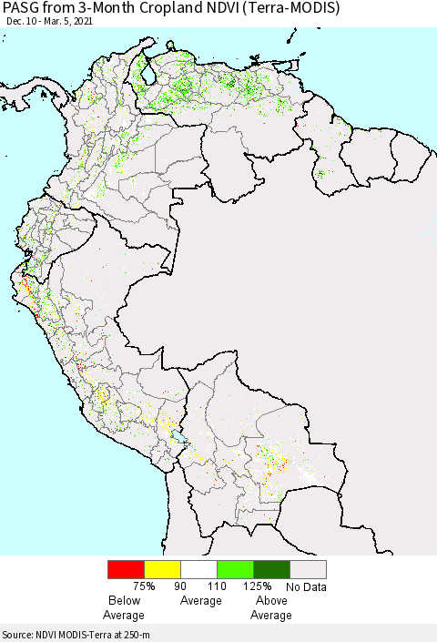 Northern South America PASG from 3-Month Cropland NDVI (Terra-MODIS) Thematic Map For 2/26/2021 - 3/5/2021