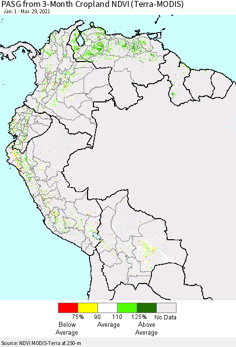 Northern South America PASG from 3-Month Cropland NDVI (Terra-MODIS) Thematic Map For 3/22/2021 - 3/29/2021