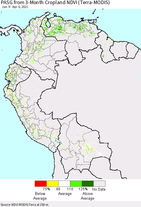 Northern South America PASG from 3-Month Cropland NDVI (Terra-MODIS) Thematic Map For 3/30/2021 - 4/6/2021