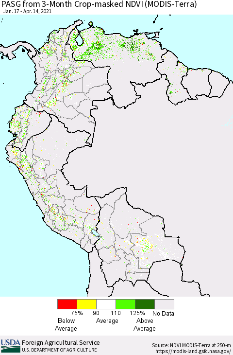 Northern South America PASG from 3-Month Cropland NDVI (Terra-MODIS) Thematic Map For 4/11/2021 - 4/20/2021