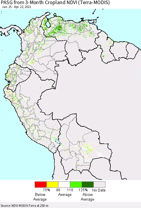Northern South America PASG from 3-Month Cropland NDVI (Terra-MODIS) Thematic Map For 4/15/2021 - 4/22/2021