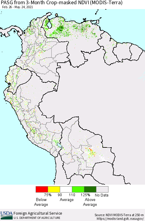 Northern South America PASG from 3-Month Cropland NDVI (Terra-MODIS) Thematic Map For 5/21/2021 - 5/31/2021