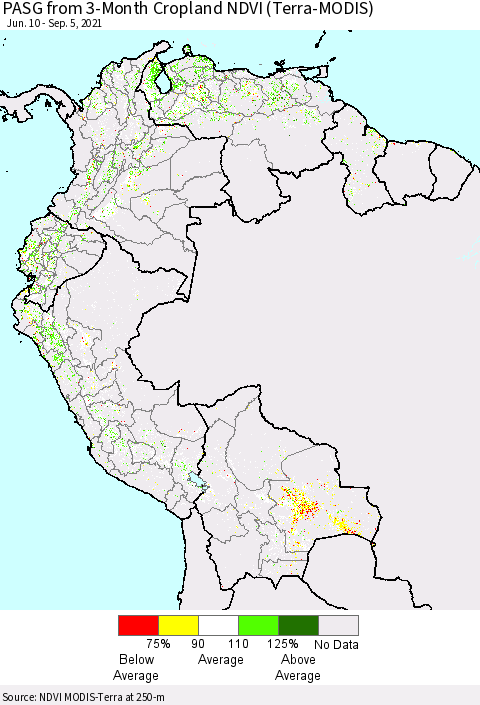 Northern South America PASG from 3-Month Cropland NDVI (Terra-MODIS) Thematic Map For 8/29/2021 - 9/5/2021