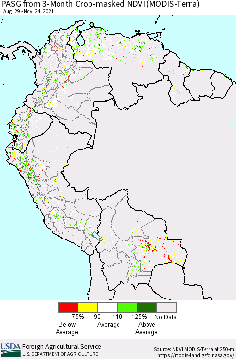 Northern South America PASG from 3-Month Cropland NDVI (Terra-MODIS) Thematic Map For 11/21/2021 - 11/30/2021