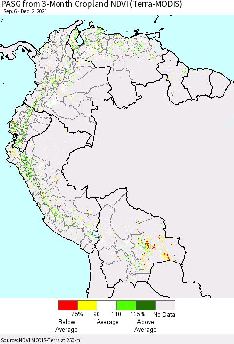 Northern South America PASG from 3-Month Cropland NDVI (Terra-MODIS) Thematic Map For 11/25/2021 - 12/2/2021