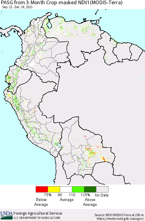 Northern South America PASG from 3-Month Cropland NDVI (Terra-MODIS) Thematic Map For 12/11/2021 - 12/20/2021