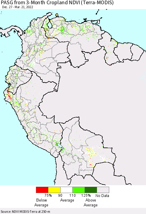 Northern South America PASG from 3-Month Cropland NDVI (Terra-MODIS) Thematic Map For 3/14/2022 - 3/21/2022