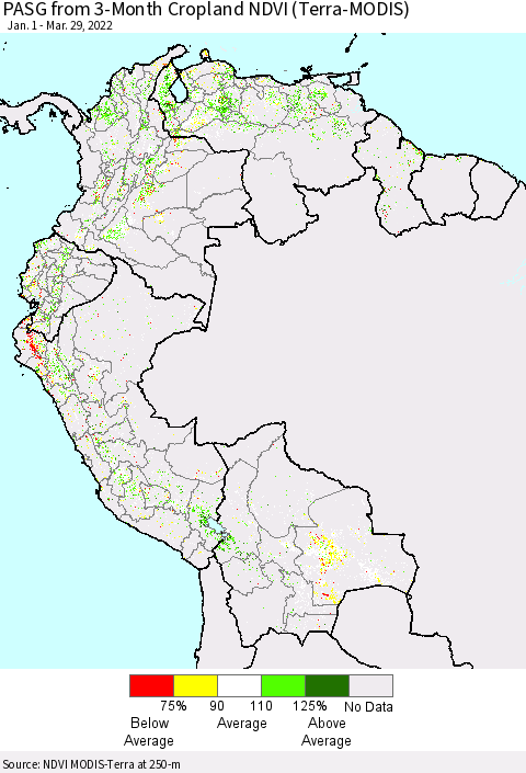 Northern South America PASG from 3-Month Cropland NDVI (Terra-MODIS) Thematic Map For 3/22/2022 - 3/29/2022