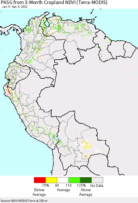 Northern South America PASG from 3-Month Cropland NDVI (Terra-MODIS) Thematic Map For 3/30/2022 - 4/6/2022