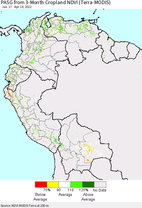 Northern South America PASG from 3-Month Cropland NDVI (Terra-MODIS) Thematic Map For 4/7/2022 - 4/14/2022