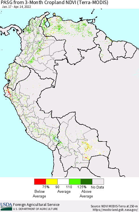 Northern South America PASG from 3-Month Cropland NDVI (Terra-MODIS) Thematic Map For 4/11/2022 - 4/20/2022