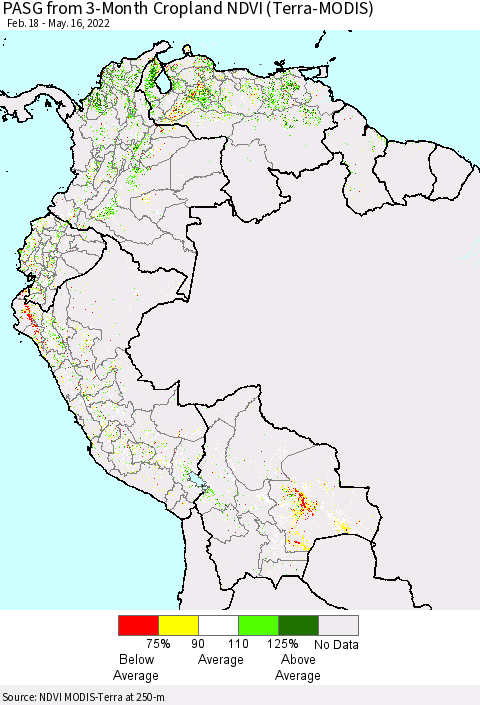 Northern South America PASG from 3-Month Cropland NDVI (Terra-MODIS) Thematic Map For 5/9/2022 - 5/16/2022