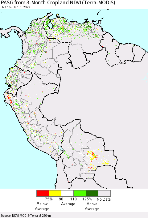 Northern South America PASG from 3-Month Cropland NDVI (Terra-MODIS) Thematic Map For 5/25/2022 - 6/1/2022