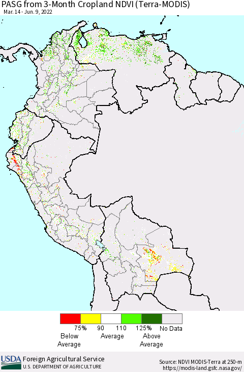 Northern South America PASG from 3-Month Cropland NDVI (Terra-MODIS) Thematic Map For 6/1/2022 - 6/10/2022