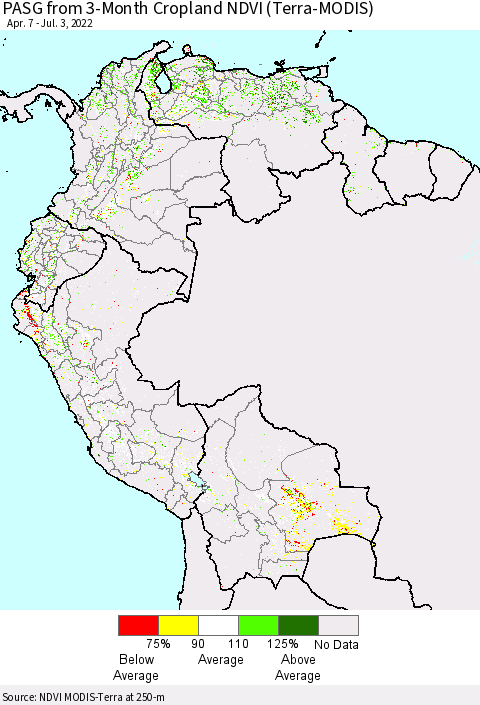 Northern South America PASG from 3-Month Cropland NDVI (Terra-MODIS) Thematic Map For 6/26/2022 - 7/3/2022
