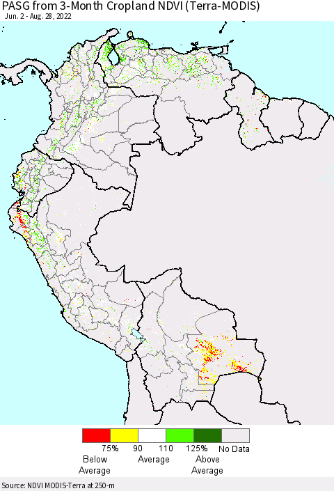 Northern South America PASG from 3-Month Cropland NDVI (Terra-MODIS) Thematic Map For 8/21/2022 - 8/28/2022