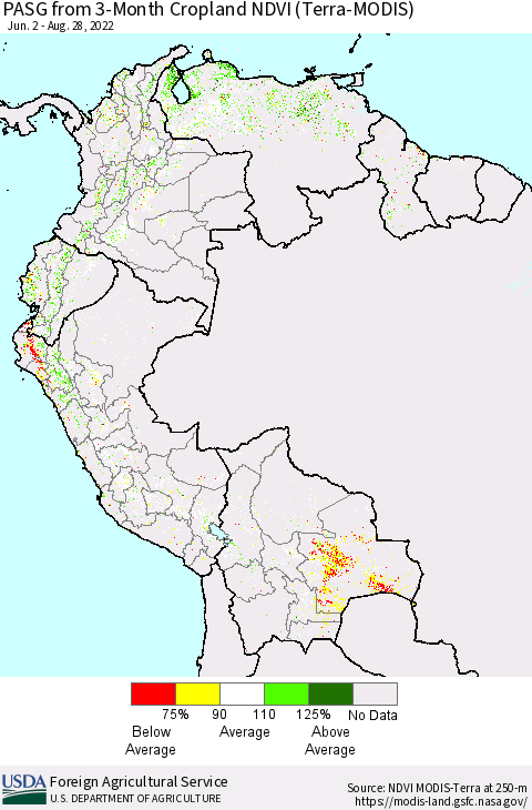Northern South America PASG from 3-Month Cropland NDVI (Terra-MODIS) Thematic Map For 8/21/2022 - 8/31/2022