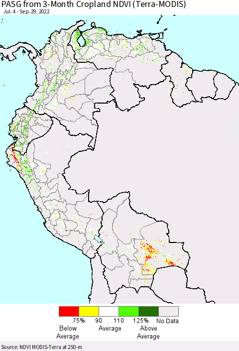 Northern South America PASG from 3-Month Cropland NDVI (Terra-MODIS) Thematic Map For 9/22/2022 - 9/29/2022