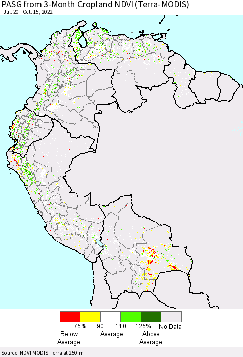 Northern South America PASG from 3-Month Cropland NDVI (Terra-MODIS) Thematic Map For 10/8/2022 - 10/15/2022