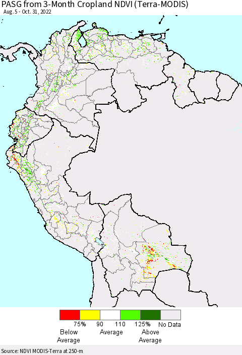 Northern South America PASG from 3-Month Cropland NDVI (Terra-MODIS) Thematic Map For 10/21/2022 - 10/31/2022