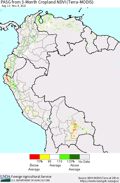 Northern South America PASG from 3-Month Cropland NDVI (Terra-MODIS) Thematic Map For 11/1/2022 - 11/10/2022