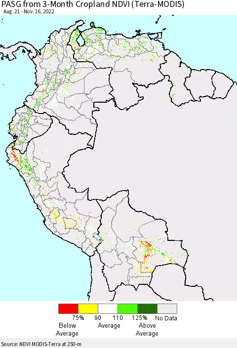 Northern South America PASG from 3-Month Cropland NDVI (Terra-MODIS) Thematic Map For 11/9/2022 - 11/16/2022