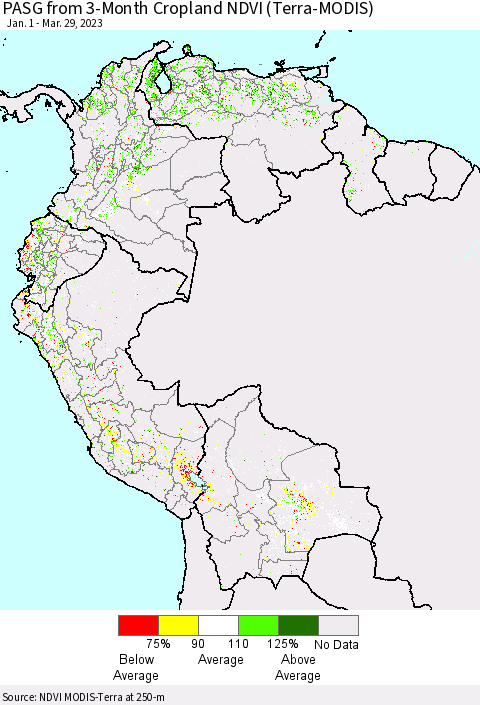 Northern South America PASG from 3-Month Cropland NDVI (Terra-MODIS) Thematic Map For 3/22/2023 - 3/29/2023