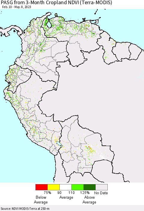 Northern South America PASG from 3-Month Cropland NDVI (Terra-MODIS) Thematic Map For 5/1/2023 - 5/8/2023