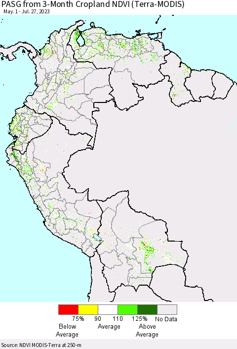 Northern South America PASG from 3-Month Cropland NDVI (Terra-MODIS) Thematic Map For 7/20/2023 - 7/27/2023