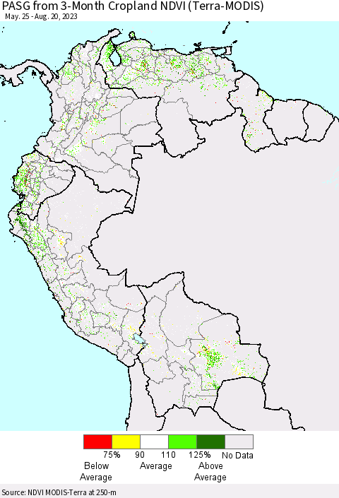 Northern South America PASG from 3-Month Cropland NDVI (Terra-MODIS) Thematic Map For 8/13/2023 - 8/20/2023
