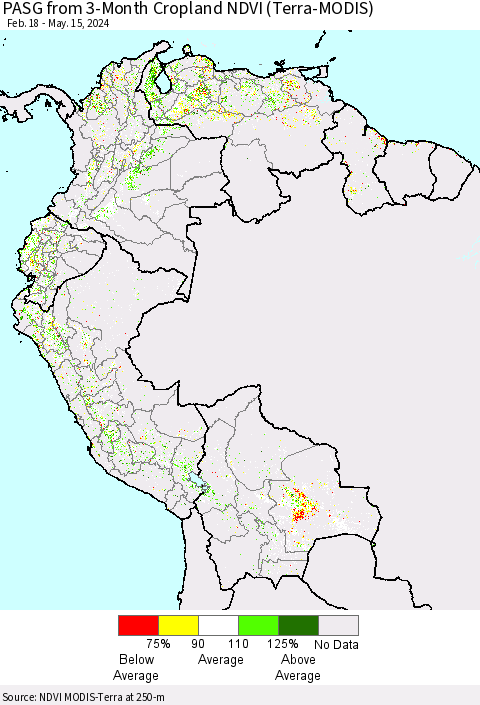 Northern South America PASG from 3-Month Cropland NDVI (Terra-MODIS) Thematic Map For 5/8/2024 - 5/15/2024
