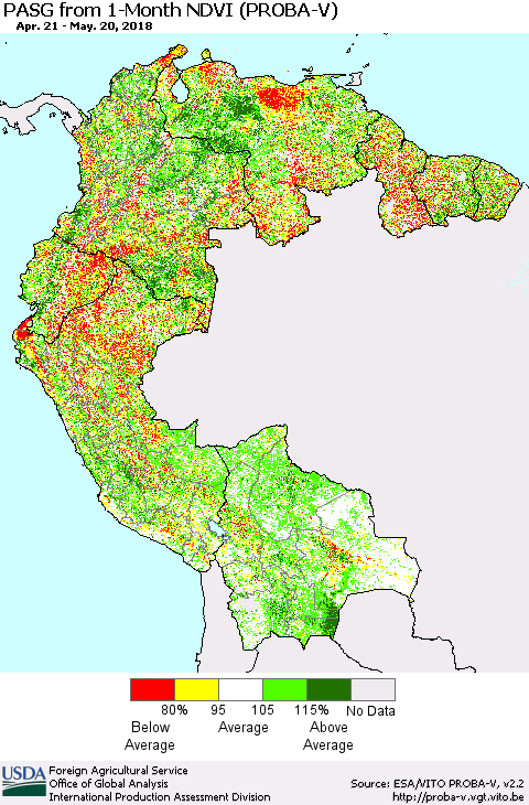 Northern South America PASG from 1-Month NDVI (PROBA-V) Thematic Map For 5/11/2018 - 5/20/2018