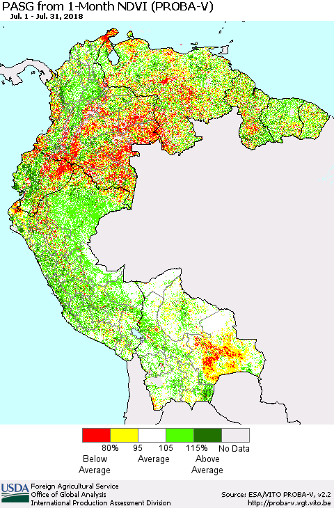 Northern South America PASG from 1-Month NDVI (PROBA-V) Thematic Map For 7/21/2018 - 7/31/2018