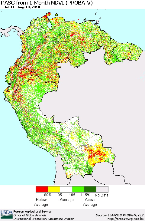Northern South America PASG from 1-Month NDVI (PROBA-V) Thematic Map For 8/1/2018 - 8/10/2018