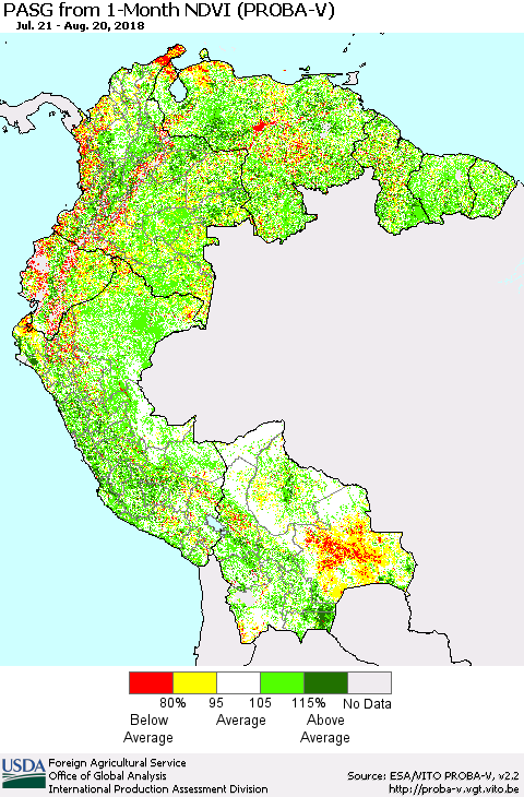 Northern South America PASG from 1-Month NDVI (PROBA-V) Thematic Map For 8/11/2018 - 8/20/2018