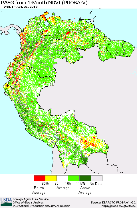 Northern South America PASG from 1-Month NDVI (PROBA-V) Thematic Map For 8/21/2018 - 8/31/2018
