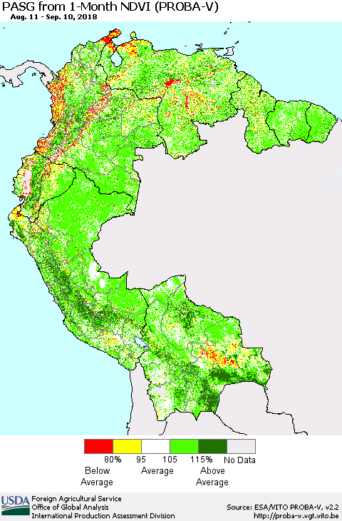 Northern South America PASG from 1-Month NDVI (PROBA-V) Thematic Map For 9/1/2018 - 9/10/2018