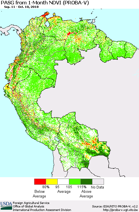 Northern South America PASG from 1-Month NDVI (PROBA-V) Thematic Map For 10/1/2018 - 10/10/2018