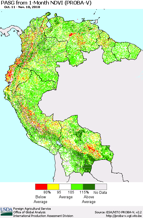 Northern South America PASG from 1-Month NDVI (PROBA-V) Thematic Map For 11/1/2018 - 11/10/2018