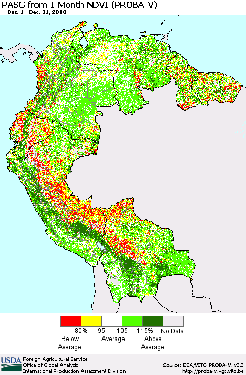 Northern South America PASG from 1-Month NDVI (PROBA-V) Thematic Map For 12/21/2018 - 12/31/2018