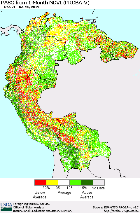 Northern South America PASG from 1-Month NDVI (PROBA-V) Thematic Map For 1/11/2019 - 1/20/2019