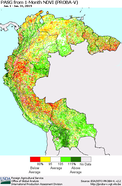 Northern South America PASG from 1-Month NDVI (PROBA-V) Thematic Map For 1/21/2019 - 1/31/2019
