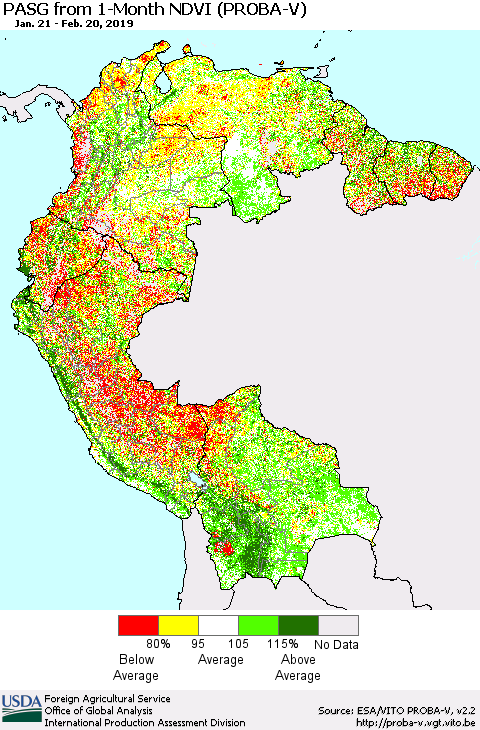 Northern South America PASG from 1-Month NDVI (PROBA-V) Thematic Map For 2/11/2019 - 2/20/2019