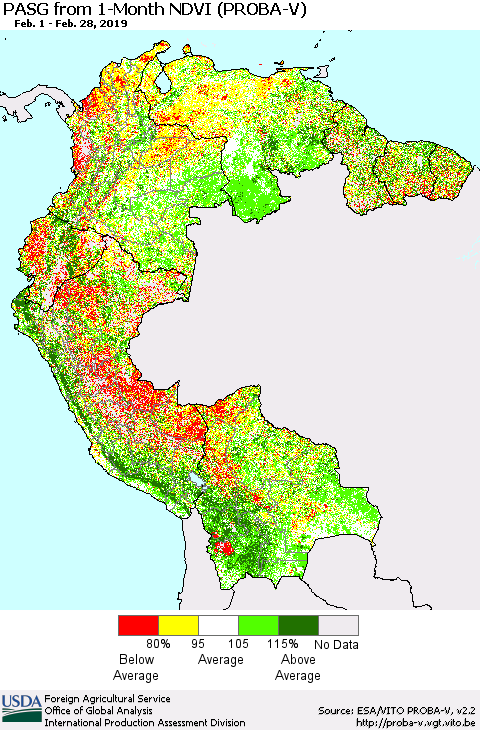 Northern South America PASG from 1-Month NDVI (PROBA-V) Thematic Map For 2/21/2019 - 2/28/2019