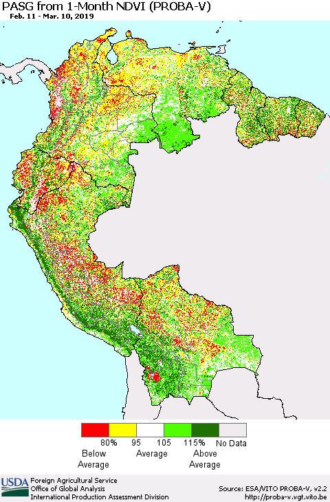 Northern South America PASG from 1-Month NDVI (PROBA-V) Thematic Map For 3/1/2019 - 3/10/2019