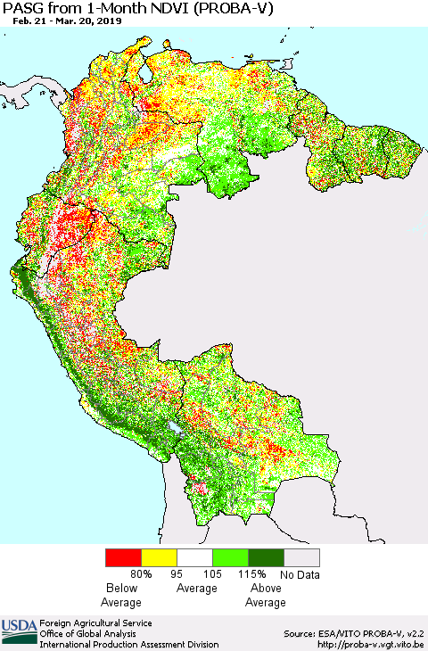 Northern South America PASG from 1-Month NDVI (PROBA-V) Thematic Map For 3/11/2019 - 3/20/2019