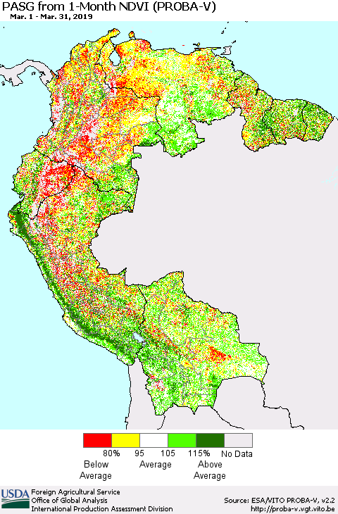 Northern South America PASG from 1-Month NDVI (PROBA-V) Thematic Map For 3/21/2019 - 3/31/2019