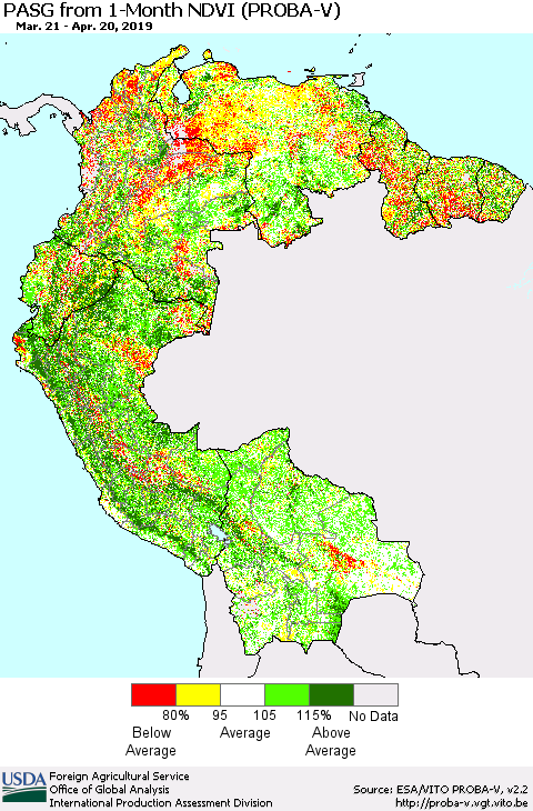 Northern South America PASG from 1-Month NDVI (PROBA-V) Thematic Map For 4/11/2019 - 4/20/2019