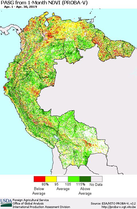 Northern South America PASG from 1-Month NDVI (PROBA-V) Thematic Map For 4/21/2019 - 4/30/2019