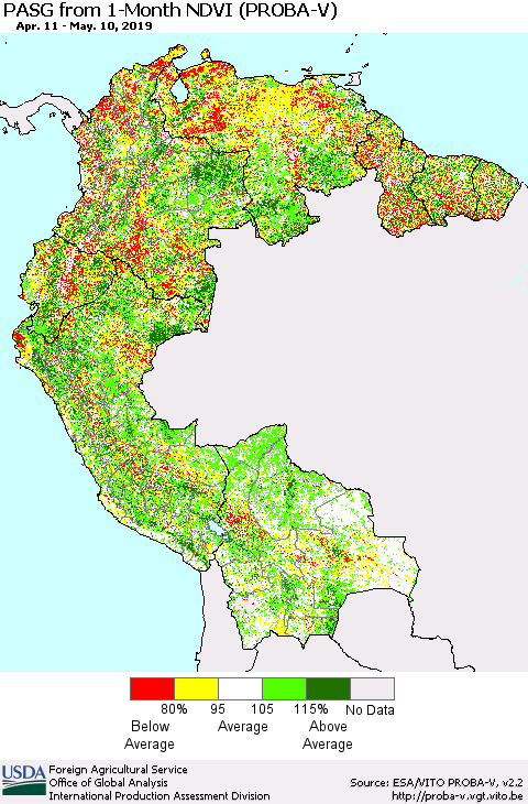 Northern South America PASG from 1-Month NDVI (PROBA-V) Thematic Map For 5/1/2019 - 5/10/2019